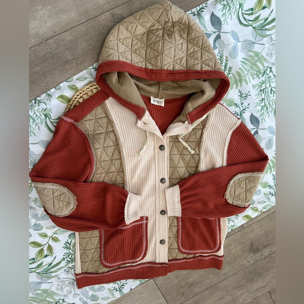 New BiBi Women’s Thermal Quilted Waffle Sweater Patchwork Shacket Jacket Size SM - Picture 11 of 16